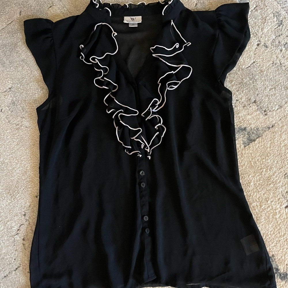 Women's Black Y2K Ruffled Stretch Top v neck sz small.